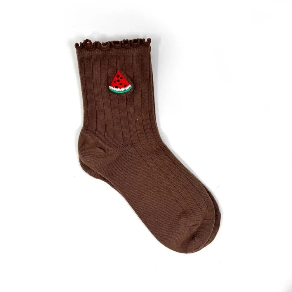 NWT Summer Picnic Brown Watermelon Embroidered Ruffle Socks
